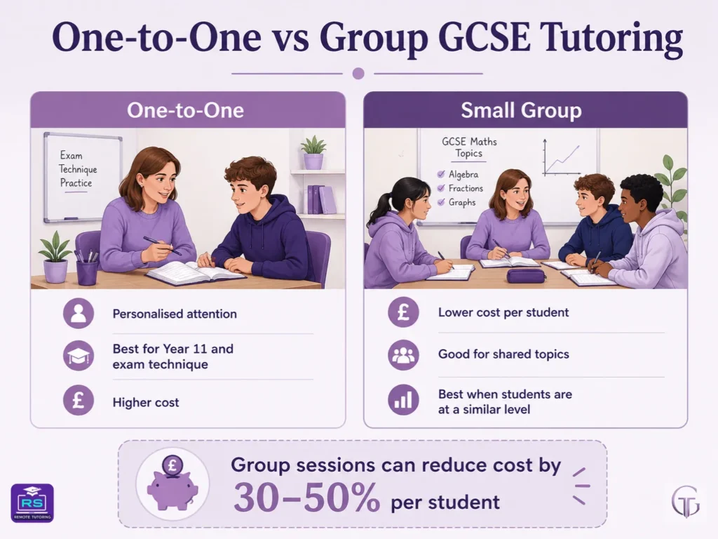Infographic comparing one-to-one and small group GCSE tutoring, including personalised support, lower group cost and suitability for exam technique.