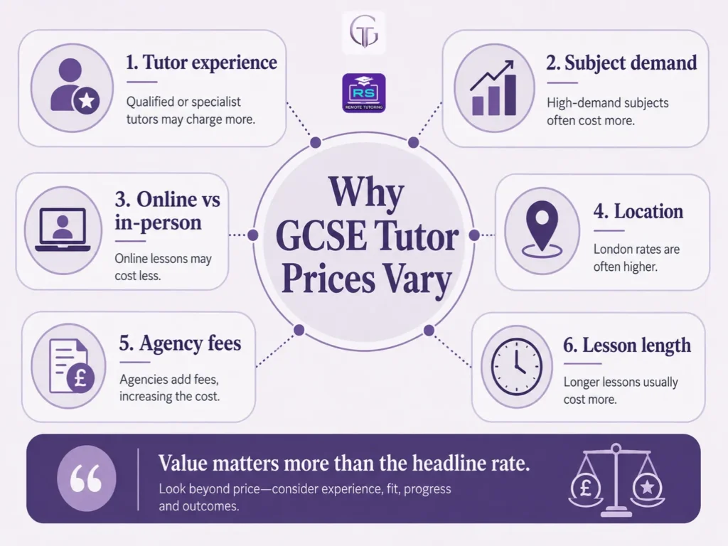 Infographic explaining why GCSE tutor prices vary, including tutor experience, subject demand, online vs in-person lessons, location, agency fees and lesson length.
