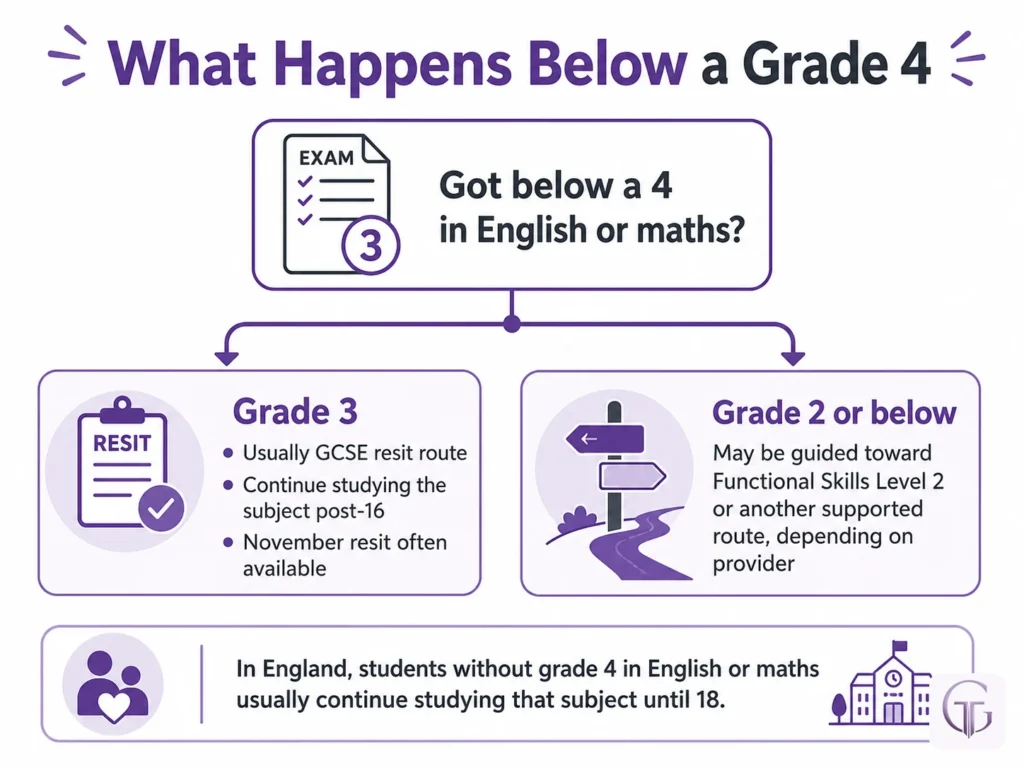 GCSE grade 3 and below options showing resit and Functional Skills routes