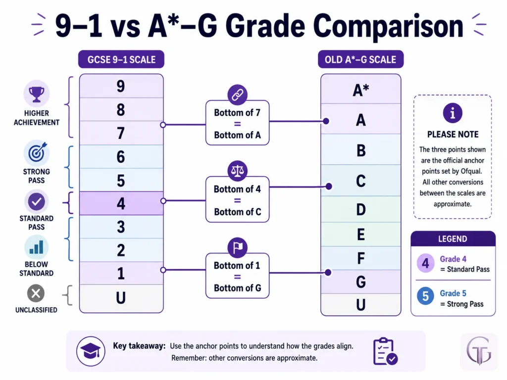 GCSE 9-1 grades compared to old A*-G letter grades with Ofqual anchor points