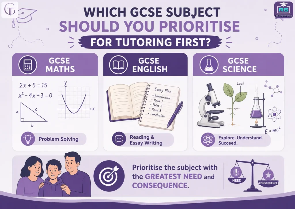 Infographic helping parents prioritise GCSE Maths, English or Science tutoring based on learning gaps, future requirements and student needs.