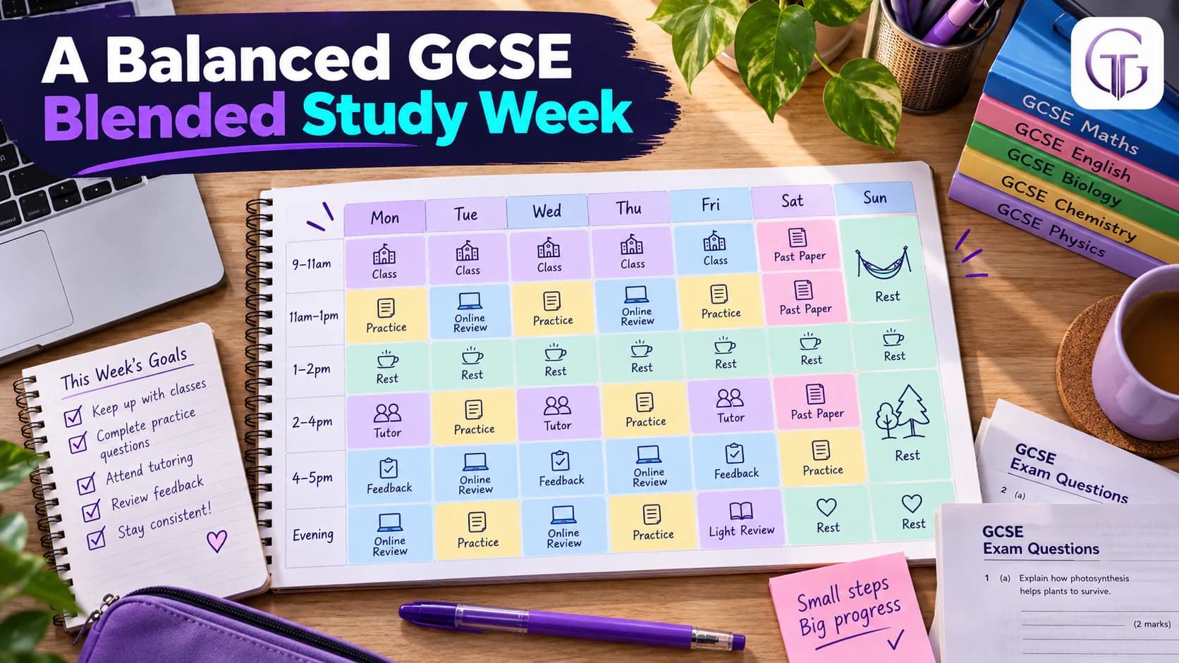 Weekly blended learning timetable for a GCSE student