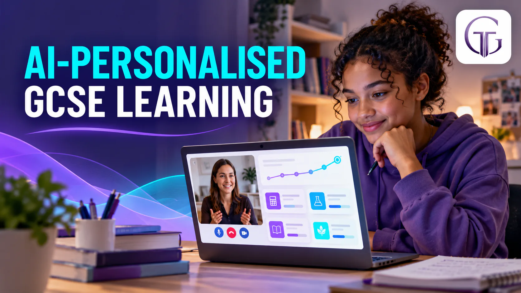 GCSE student smiling at a laptop showing a live online tutor video call and a personalised progress dashboard, with the title AI-Personalised GCSE Learning