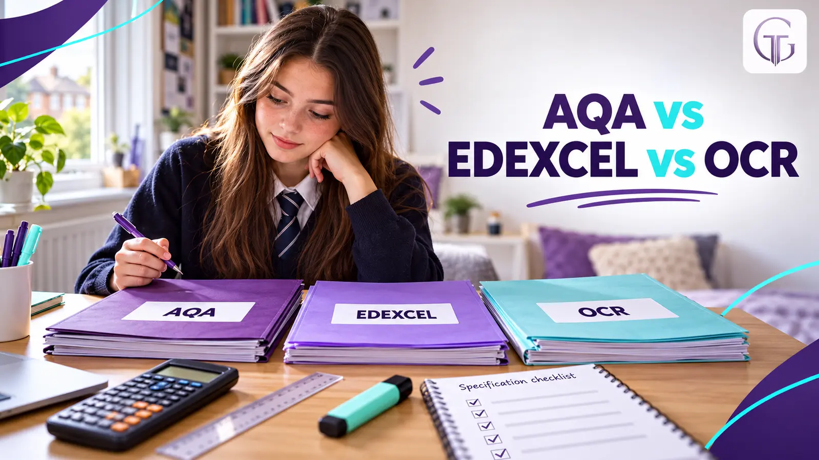 UK GCSE student comparing AQA, Edexcel and OCR exam folders at a study desk