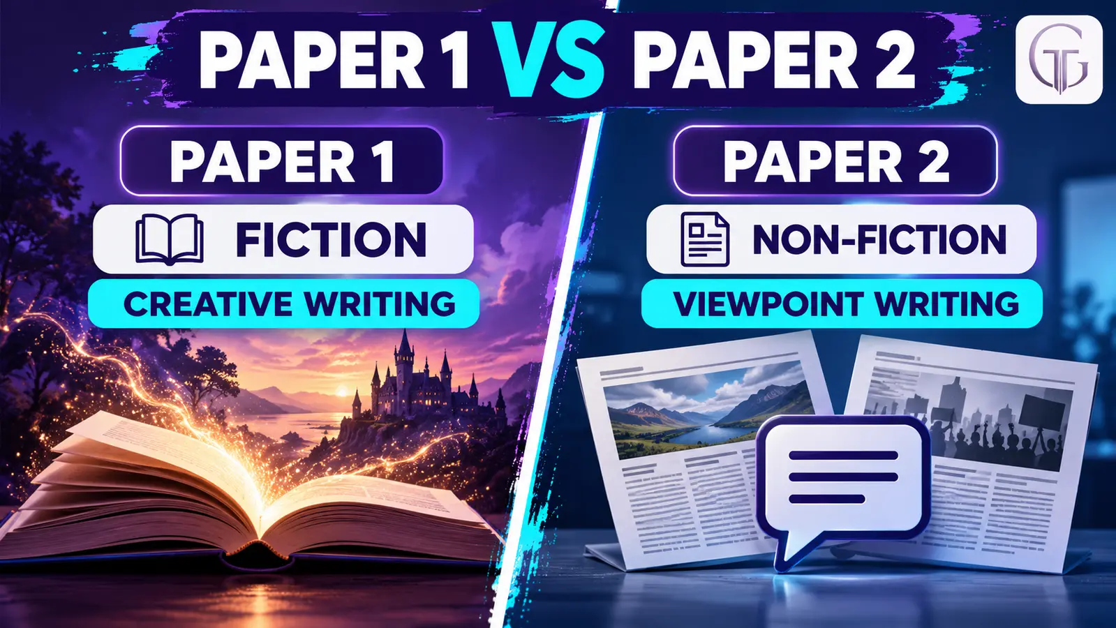 Comparison chart showing the reading and writing focus of AQA GCSE English Language Paper 1 and Paper 2
