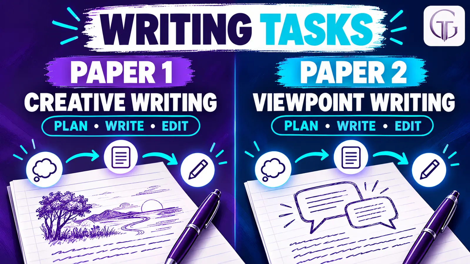 Split infographic showing planning steps for Paper 1 creative writing and Paper 2 viewpoint writing