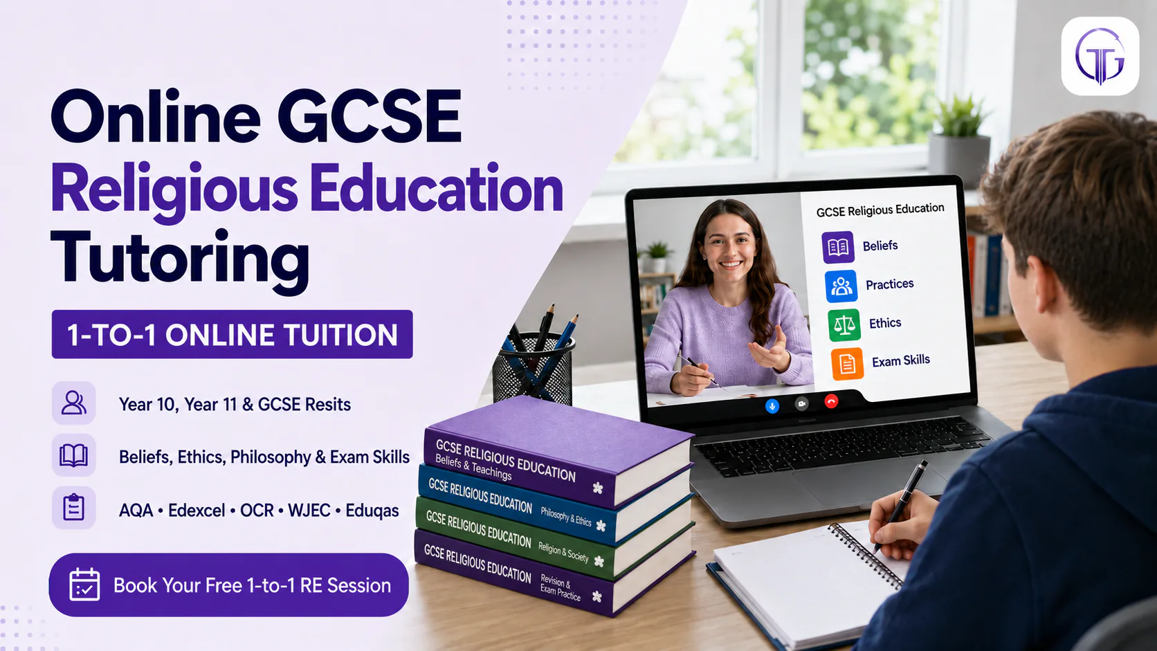 Online GCSE Religious Education tutoring banner showing a tutor on a video call covering beliefs, practices, ethics and exam skills