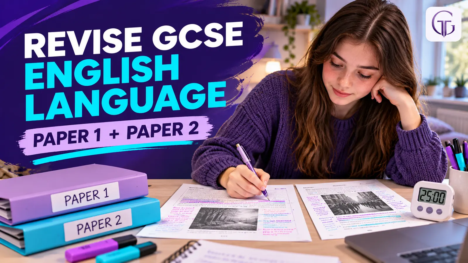 GCSE student revising English Language Paper 1 and Paper 2 with annotated extracts and a timed practice plan
