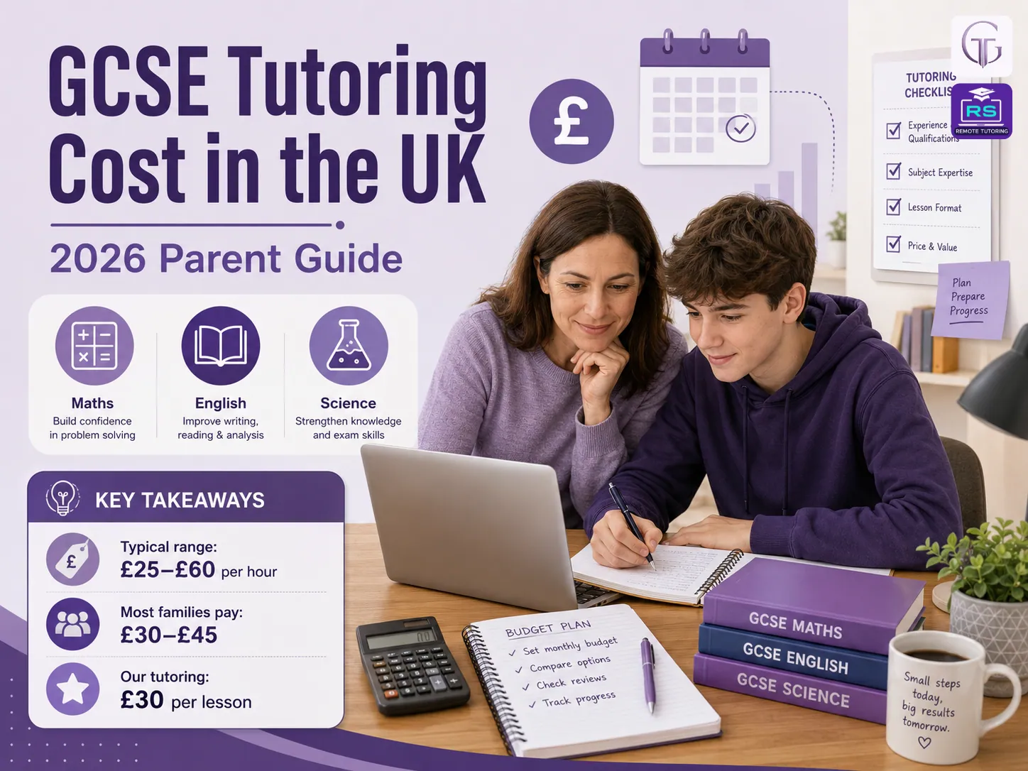 Parent and GCSE student reviewing tutoring costs, subject support, budget planning and £30 per lesson online GCSE tuition.