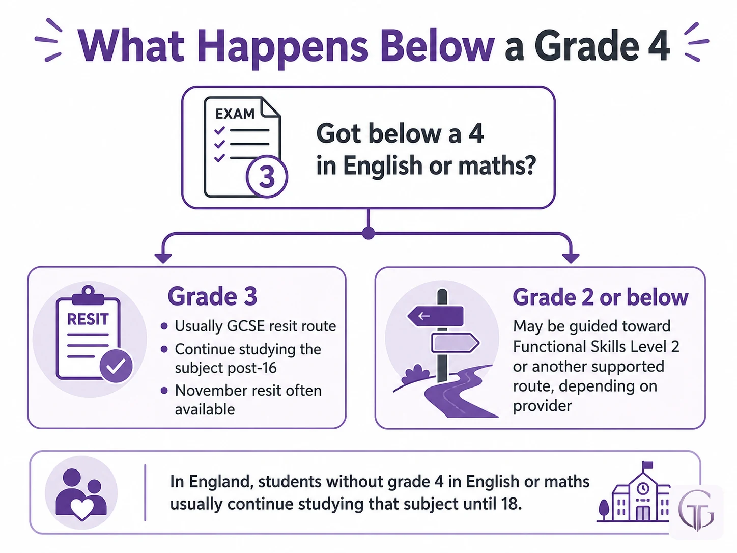 GCSE grade 3 and below options showing resit and Functional Skills routes