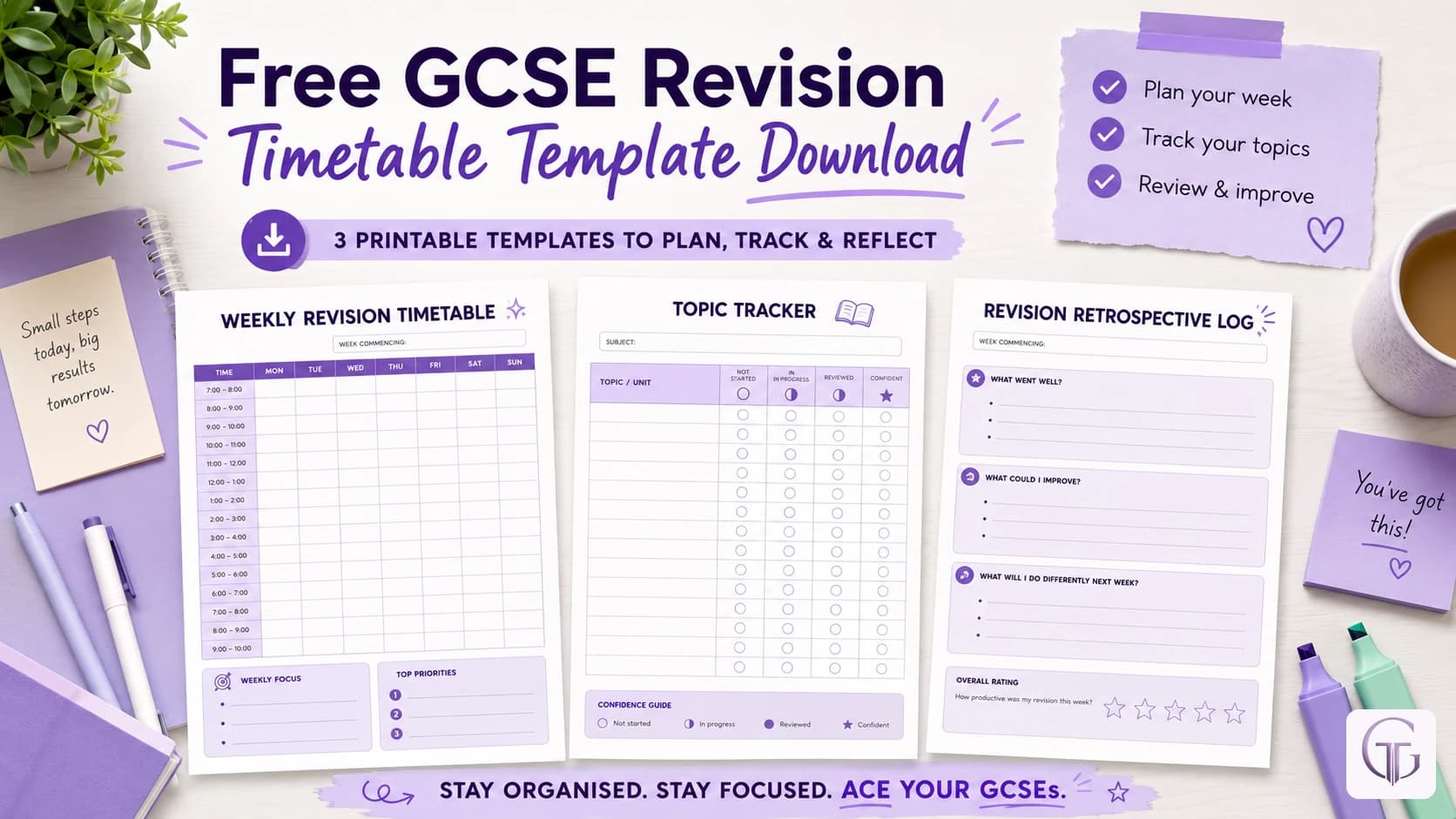 Free GCSE revision timetable template showing a weekly planner and topic tracker