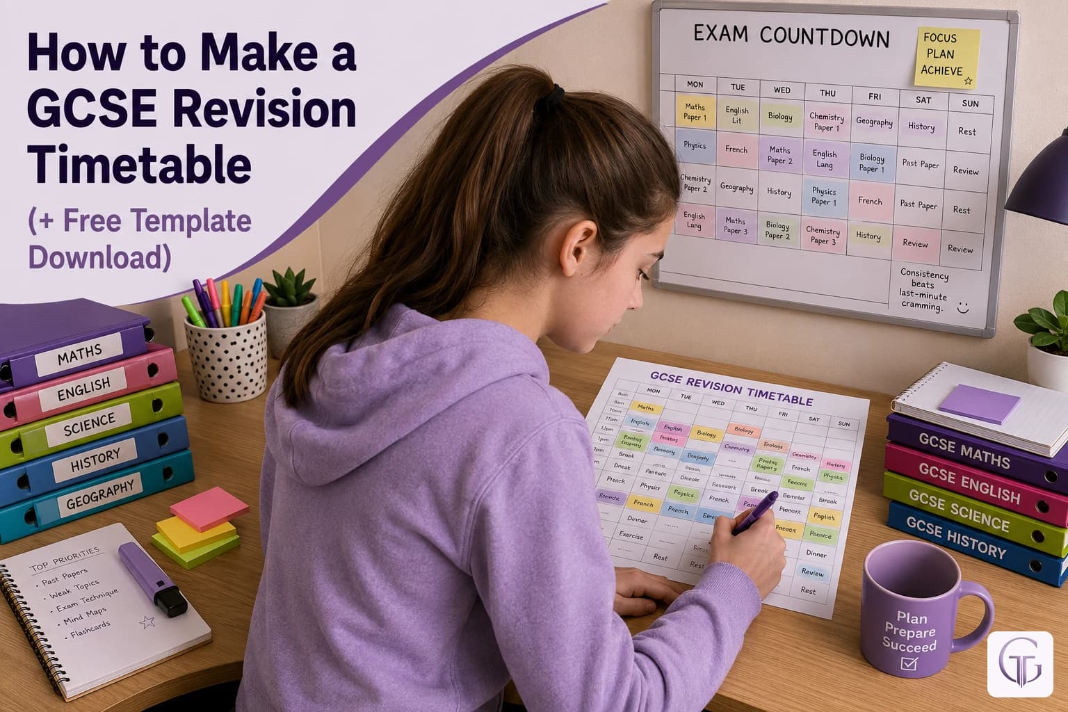 A GCSE student creating a colour-coded revision timetable at her study desk, with an exam countdown wall planner and subject folders. Featured image for the GCSE Online Tutoring guide on how to make a GCSE revision timetable, with a free template download.