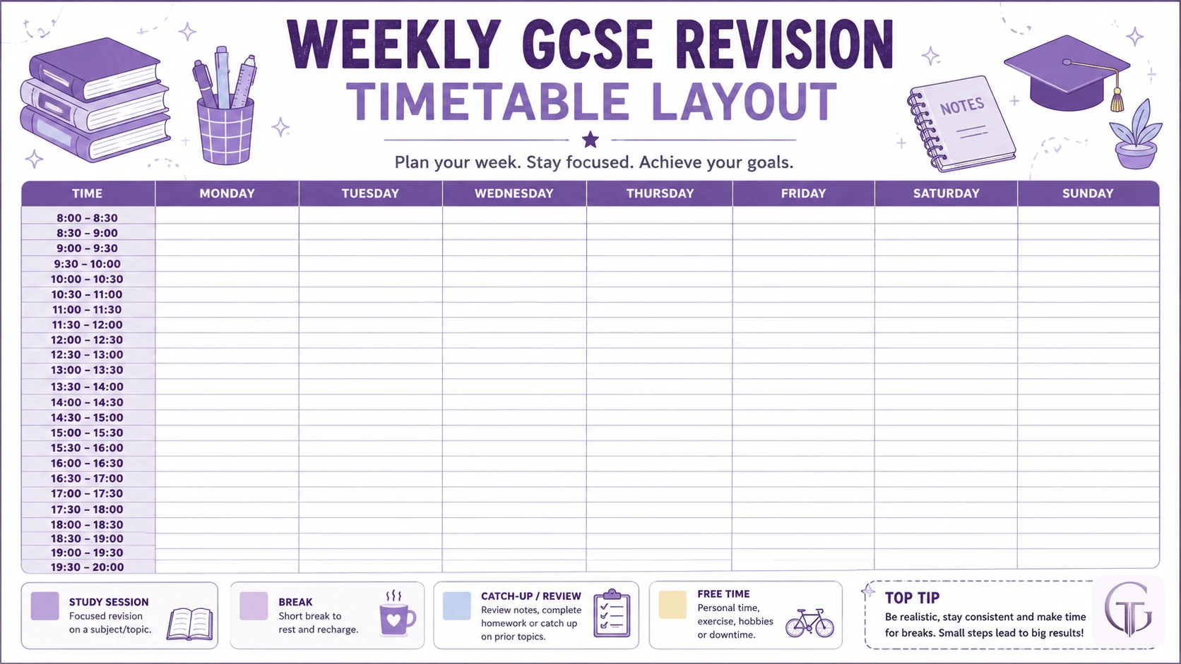 Three free printable GCSE revision templates — a weekly revision timetable, topic tracker and revision retrospective log — to plan, track and reflect on revision. From GCSE Online Tutoring by RS Remote Tutoring.