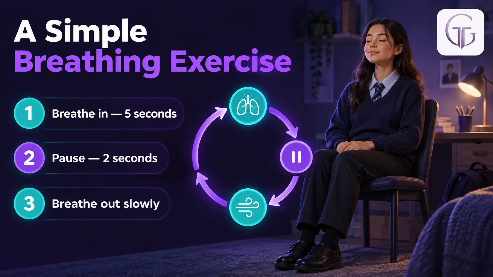 Slow breathing exercise to calm GCSE exam anxiety before a paper