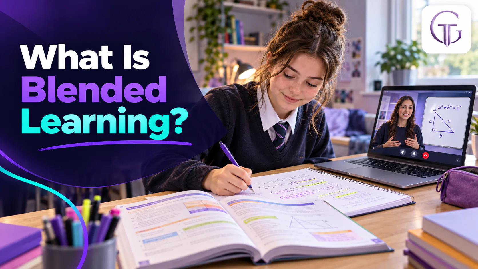 GCSE student combining classroom study, online tutoring and independent revision through blended learning