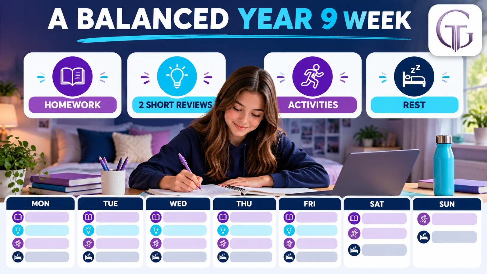 Balanced Year 9 weekly study plan with homework, two short review sessions, activities and rest