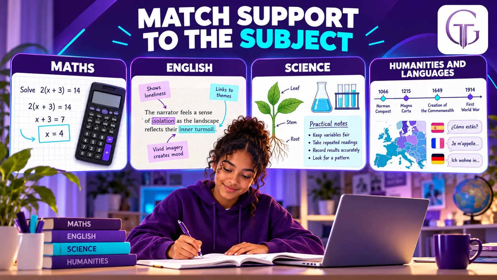 Homeschooled GCSE learner with tailored support examples for maths, English, science, humanities and languages