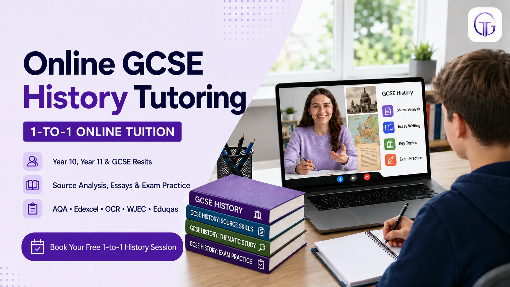 Online GCSE History tutoring banner showing a tutor on a video call and a student taking notes beside History textbooks