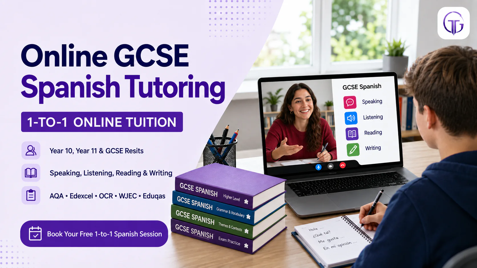 Online GCSE Spanish tutoring banner showing a tutor on a video call covering speaking, listening, reading and writing
