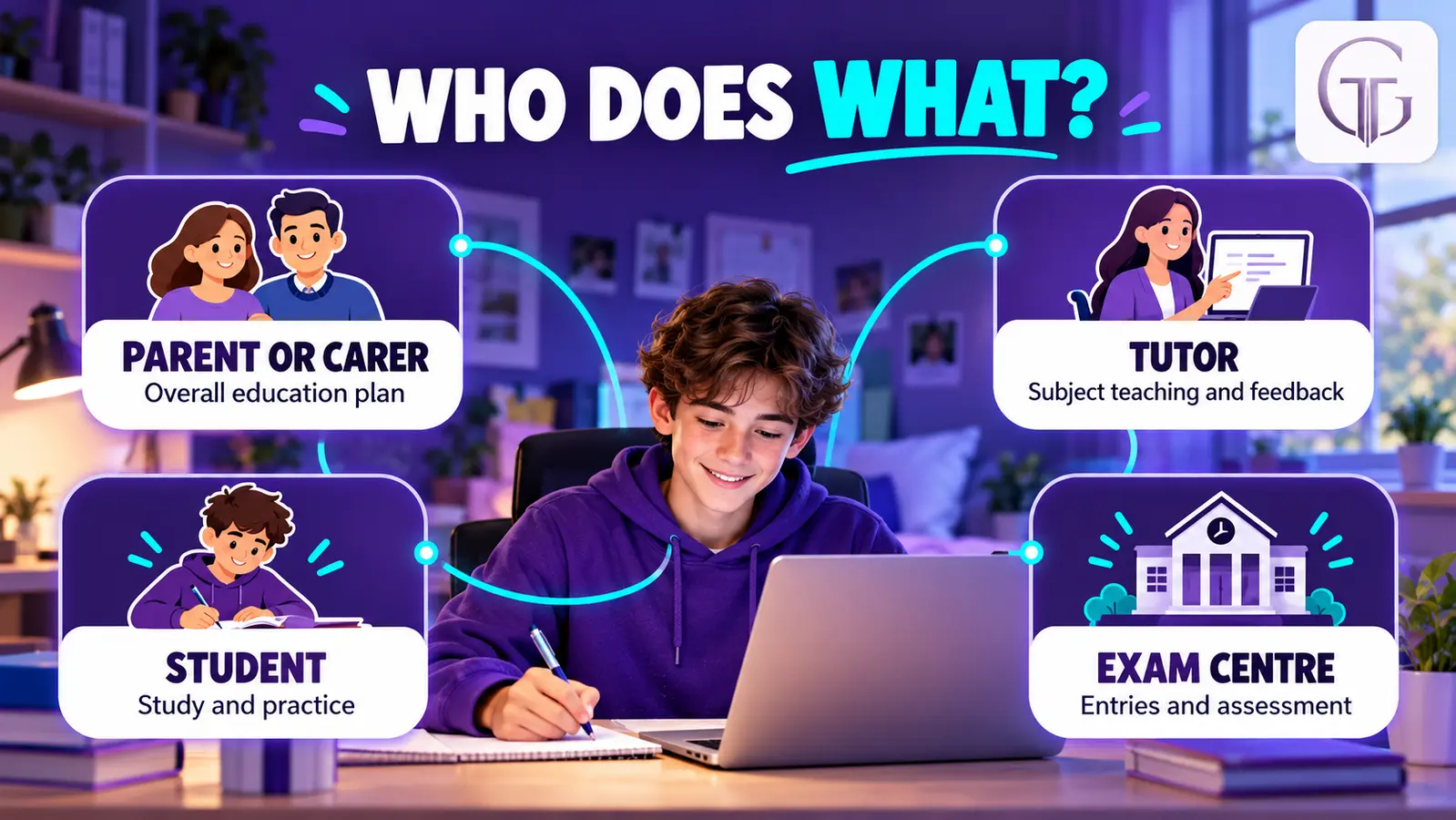 Diagram showing the roles of parent or carer, tutor, student and exam centre in home-educated GCSE study