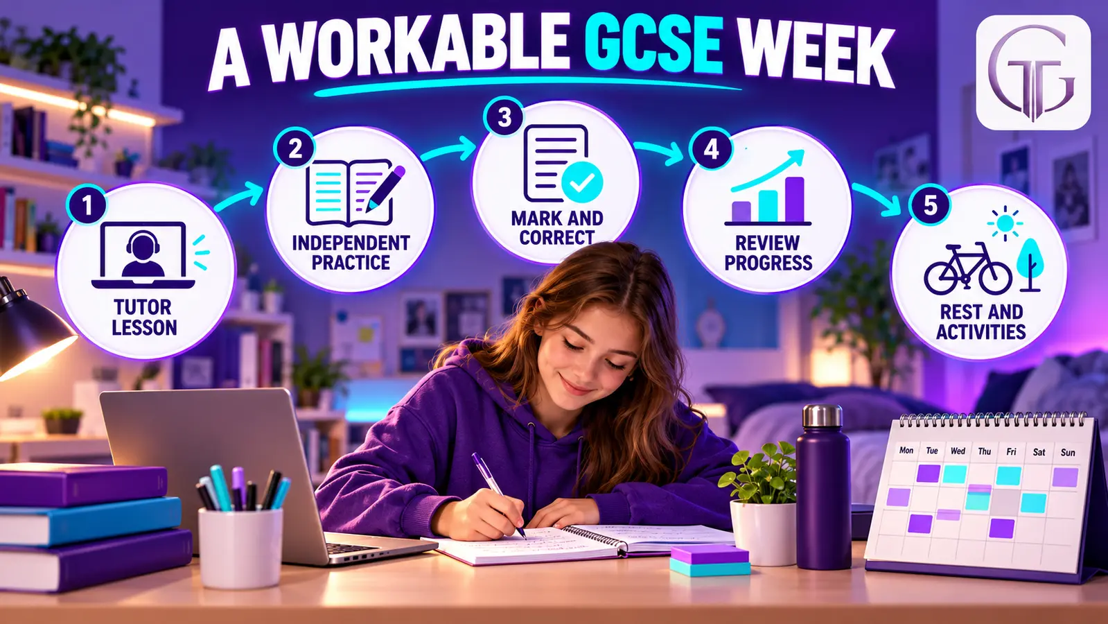 Weekly homeschooled GCSE routine combining a tutor lesson, independent practice, marking, progress review and rest
