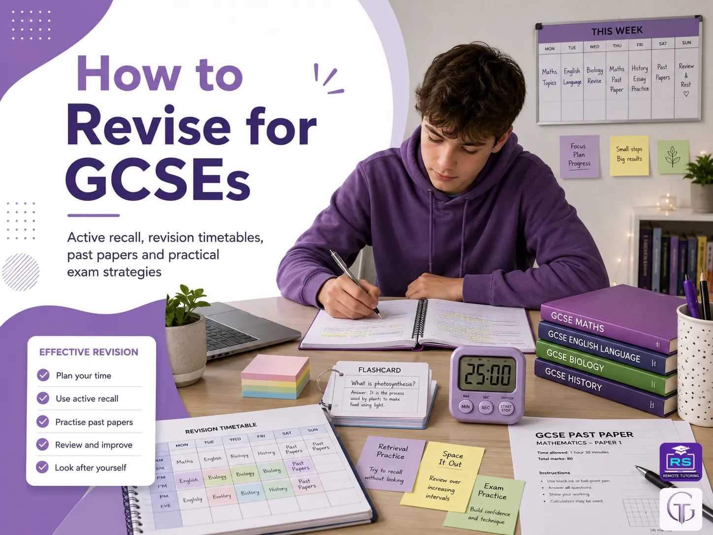 Year 11 student revising for GCSEs at home using a revision timetable, flashcards, past papers, active recall and timed study sessions.